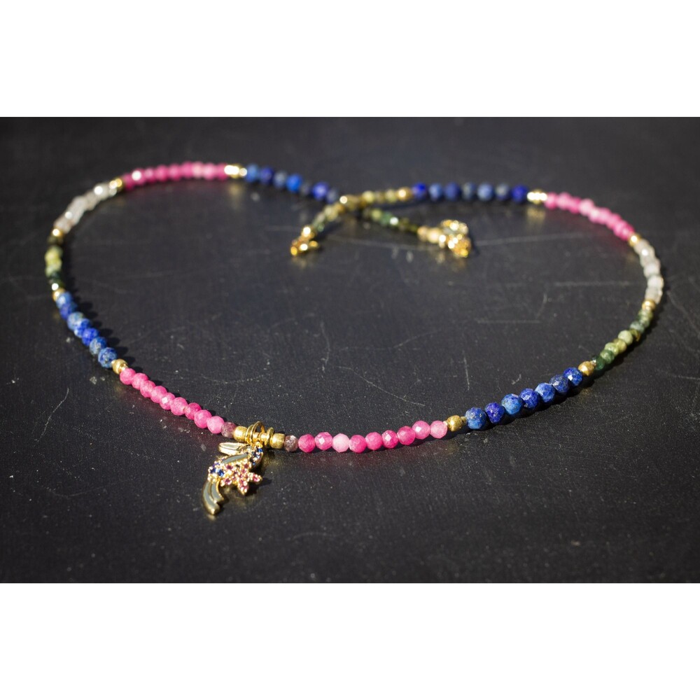 Multicolored tourmaline and azure stone necklace, toucan bird pendant 14k gold p